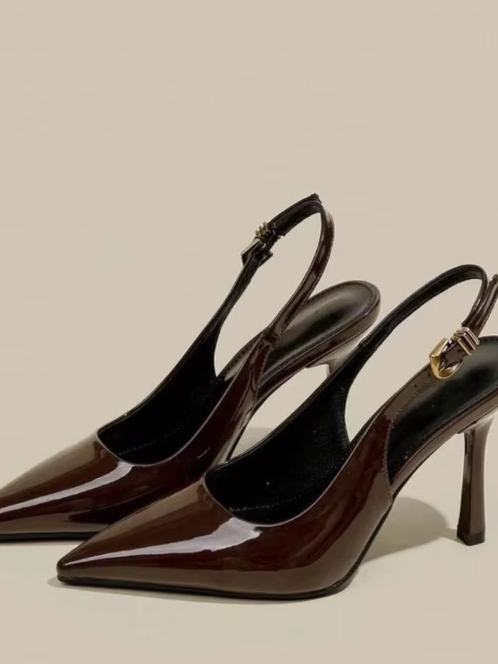 Patent Pointed Slingback Heels in Dark Brown